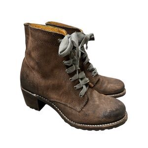 Frye Sabrina 9.5 brown oiled suede lace up 2" block heel ankle boots lug combat